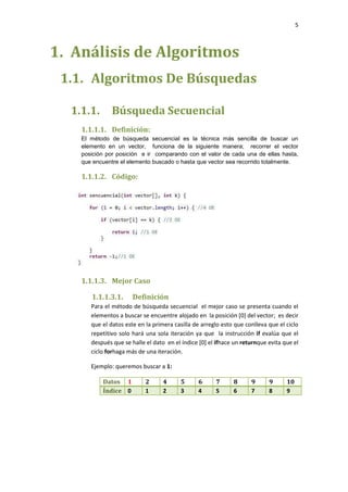 5

1. Análisis de Algoritmos
1.1. Algoritmos De Búsquedas
1.1.1.

Búsqueda Secuencial

1.1.1.1. Definición:
El método de búsqueda secuencial es la técnica más sencilla de buscar un
elemento en un vector, funciona de la siguiente manera; recorrer el vector
posición por posición e ir comparando con el valor de cada una de ellas hasta,
que encuentre el elemento buscado o hasta que vector sea recorrido totalmente.

1.1.1.2. Código:

1.1.1.3. Mejor Caso
1.1.1.3.1.

Definición

Para el método de búsqueda secuencial el mejor caso se presenta cuando el
elementos a buscar se encuentre alojado en la posición [0] del vector; es decir
que el datos este en la primera casilla de arreglo esto que conlleva que el ciclo
repetitivo solo hará una sola iteración ya que la instrucción if evalúa que el
después que se halle el dato en el índice [0] el ifhace un returnque evita que el
ciclo forhaga más de una iteración.
Ejemplo: queremos buscar a 1:
Datos 1
Índice 0

2
1

4
2

5
3

6
4

7
5

8
6

9
7

9
8

10
9

 