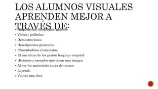  Diapositivas, fotografías, gráficos
 Videos / películas
 Demostraciones
 Descripciones generales
 Presentadores entusiastas
 El uso eficaz de los gestos/ lenguaje corporal
 Historias y ejemplos que crean una imagen
 Al ver los materiales antes de tiempo
 Leyendo
 Viendo una obra
 