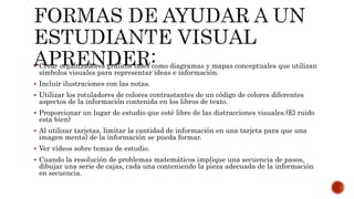  Crear organizadores gráficos tales como diagramas y mapas conceptuales que utilizan
símbolos visuales para representar ideas e información.
 Incluir ilustraciones con las notas.
 Utilizar los rotuladores de colores contrastantes de un código de colores diferentes
aspectos de la información contenida en los libros de texto.
 Proporcionar un lugar de estudio que esté libre de las distracciones visuales.(El ruido
esta bien)
 Al utilizar tarjetas, limitar la cantidad de información en una tarjeta para que una
imagen mental de la información se pueda formar.
 Ver vídeos sobre temas de estudio.
 Cuando la resolución de problemas matemáticos implique una secuencia de pasos,
dibujar una serie de cajas, cada una conteniendo la pieza adecuada de la información
en secuencia.
 