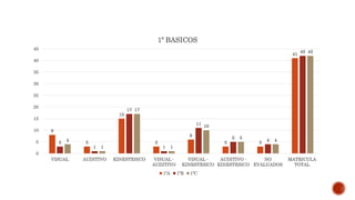 8
3
15
3
6
3 3
41
3
1
17
1
11
5
4
42
4
1
17
1
10
5
4
42
0
5
10
15
20
25
30
35
40
45
VISUAL AUDITIVO KINESTESICO VISUAL -
AUDITIVO
VISUAL -
KINESTESICO
AUDITIVO -
KINESTESICO
NO
EVALUADOS
MATRICULA
TOTAL
1º BASICOS
1ºA 1ºB 1ºC
 