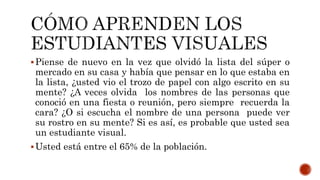 Piense de nuevo en la vez que olvidó la lista del súper o
mercado en su casa y había que pensar en lo que estaba en
la lista, ¿usted vio el trozo de papel con algo escrito en su
mente? ¿A veces olvida los nombres de las personas que
conoció en una fiesta o reunión, pero siempre recuerda la
cara? ¿O si escucha el nombre de una persona puede ver
su rostro en su mente? Si es así, es probable que usted sea
un estudiante visual.
Usted está entre el 65% de la población.
 