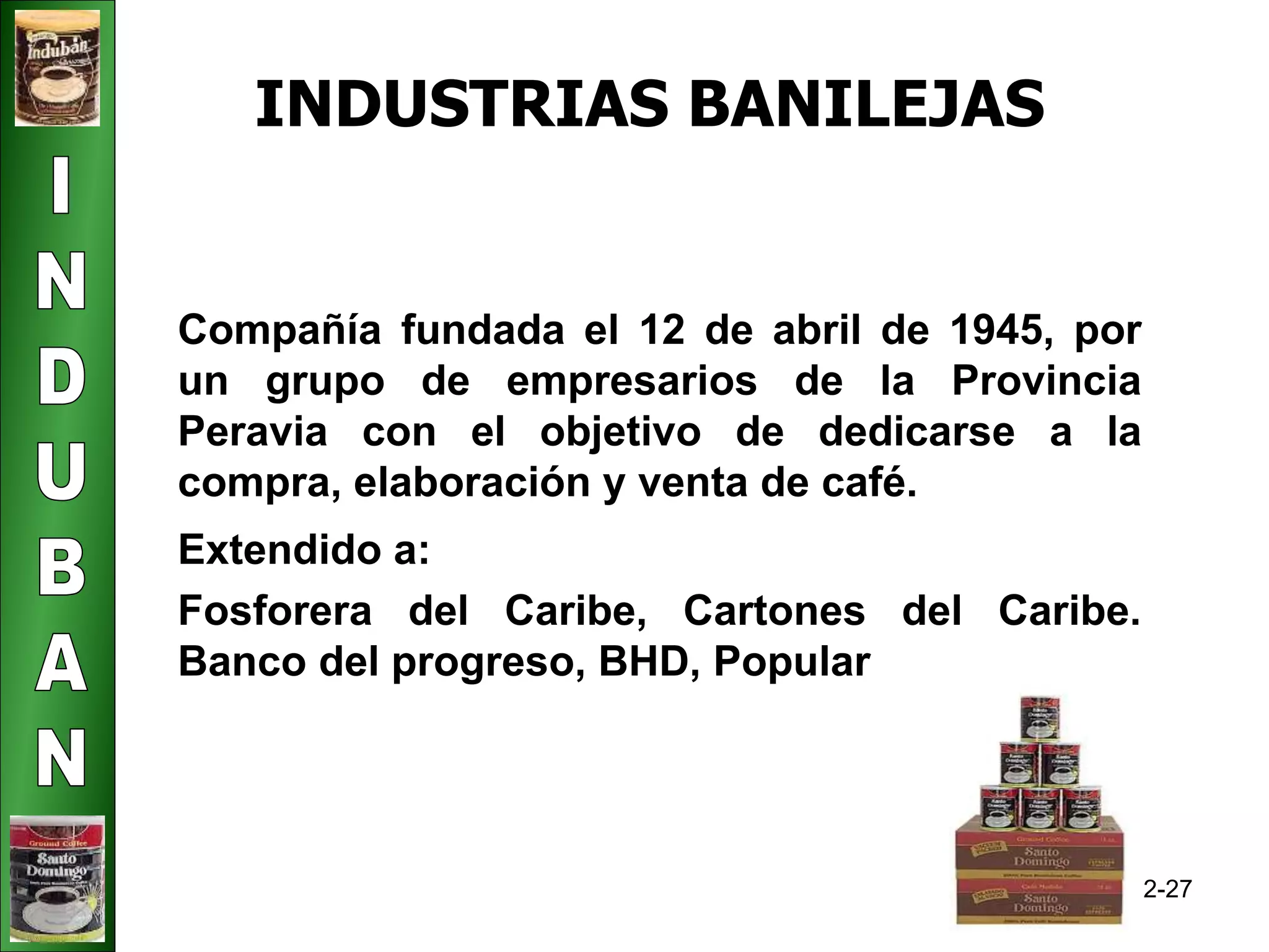 2-27 
INDUSTRIAS BANILEJAS 
Compañía fundada el 12 de abril de 1945, por 
un grupo de empresarios de la Provincia 
Peravia con el objetivo de dedicarse a la 
compra, elaboración y venta de café. 
Extendido a: 
Fosforera del Caribe, Cartones del Caribe. 
Banco del progreso, BHD, Popular 
 