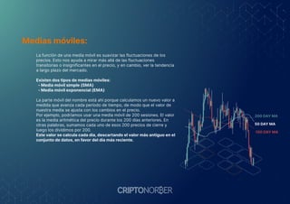 Medias móviles:
La función de una media móvil es suavizar las fluctuaciones de los
precios. Esto nos ayuda a mirar más allá de las fluctuaciones
transitorias o insignificantes en el precio, y en cambio, ver la tendencia
a largo plazo del mercado.
Existen dos tipos de medias móviles:
- Media móvil simple (SMA)
- Media móvil exponencial (EMA)
La parte móvil del nombre está ahí porque calculamos un nuevo valor a
medida que avanza cada período de tiempo, de modo que el valor de
nuestra media se ajusta con los cambios en el precio.
Por ejemplo, podríamos usar una media móvil de 200 sesiones. El valor
es la media aritmética del precio durante los 200 días anteriores. En
otras palabras, sumamos cada uno de esos 200 precios de cierre y
luego los dividimos por 200.
Este valor se calcula cada día, descartando el valor más antiguo en el
conjunto de datos, en favor del día más reciente.
100 DAY MA
200 DAY MA
50 DAY MA
 