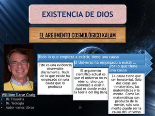 EXISTENCIA DE DIOS
EL ARGUMENTO COSMOLÓGICO KALAM
Todo lo que empieza a existir, tiene una causa
Esto es una evidencia
observable
diariamente. Nada
de lo que existe ha
empezado sin una
causa que lo
produzca
El Universo ha empezado a existir…
El argumento
científico actual es
que el universo no es
eterno, sino que
comenzó a existir.
Aquí es donde entra
la teoría del Big Bang
Por lo que tiene
una causa
La causa tiene que
ser inmaterial. Solo
dos cosas son
inmateriales, las
matemáticas y la
mente. Como las
matemáticas son
producto de la
mente, solo una
mente puede ser la
causa del universo
20
 