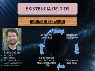 EXISTENCIA DE DIOS
UN UNIVERSO BIEN AFINADO
FUERZA DE
GRAVEDAD
Es la fuerza
más débil
La diferencia
con la fuerza
electromagnética
1036
UNIVERSO
IMPOSIBLE
22
 