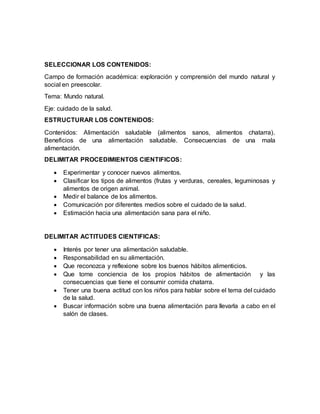SELECCIONAR LOS CONTENIDOS:
Campo de formación académica: exploración y comprensión del mundo natural y
social en preescolar.
Tema: Mundo natural.
Eje: cuidado de la salud.
ESTRUCTURAR LOS CONTENIDOS:
Contenidos: Alimentación saludable (alimentos sanos, alimentos chatarra).
Beneficios de una alimentación saludable. Consecuencias de una mala
alimentación.
DELIMITAR PROCEDIMIENTOS CIENTIFICOS:
 Experimentar y conocer nuevos alimentos.
 Clasificar los tipos de alimentos (frutas y verduras, cereales, leguminosas y
alimentos de origen animal.
 Medir el balance de los alimentos.
 Comunicación por diferentes medios sobre el cuidado de la salud.
 Estimación hacia una alimentación sana para el niño.
DELIMITAR ACTITUDES CIENTIFICAS:
 Interés por tener una alimentación saludable.
 Responsabilidad en su alimentación.
 Que reconozca y reflexione sobre los buenos hábitos alimenticios.
 Que tome conciencia de los propios hábitos de alimentación y las
consecuencias que tiene el consumir comida chatarra.
 Tener una buena actitud con los niños para hablar sobre el tema del cuidado
de la salud.
 Buscar información sobre una buena alimentación para llevarla a cabo en el
salón de clases.
 