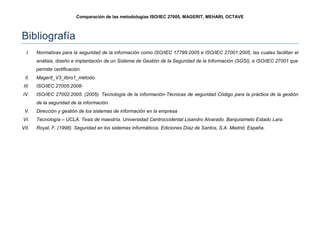Comparación de las metodologías ISO/IEC 27005, MAGERIT, MEHARI, OCTAVE
Bibliografía
I. Normativas para la seguridad de la información como ISO/IEC 17799:2005 e ISO/IEC 27001:2005, las cuales facilitan el
análisis, diseño e implantación de un Sistema de Gestión de la Seguridad de la Información (SGSI), e ISO/IEC 27001 que
permite certificación.
II. Magerit_V3_libro1_método.
III. ISO/IEC 27005:2008-
IV. ISO/IEC 27002:2005. (2005). Tecnología de la información-Técnicas de seguridad Código para la práctica de la gestión
de la seguridad de la información.
V. Dirección y gestión de los sistemas de información en la empresa
VI. Tecnología – UCLA. Tesis de maestría. Universidad Centroccidental Lisandro Alvarado. Barquisimeto Estado Lara.
VII. Royal, F. (1998). Seguridad en los sistemas informáticos. Ediciones Díaz de Santos, S.A. Madrid, España.
 
