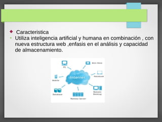  Caracteristica
●
Utiliza inteligencia artificial y humana en combinación , con
nueva estructura web ,enfasis en el análisis y capacidad
de almacenamiento.
 