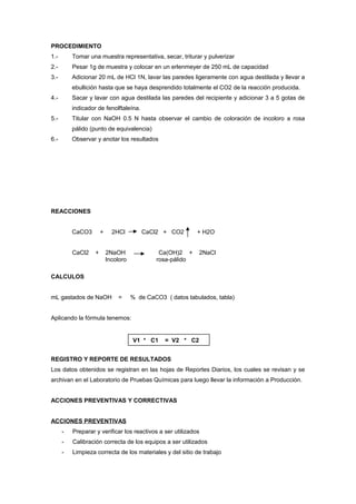 PROCEDIMIENTO
1.- Tomar una muestra representativa, secar, triturar y pulverizar
2.- Pesar 1g de muestra y colocar en un erlenmeyer de 250 mL de capacidad
3.- Adicionar 20 mL de HCl 1N, lavar las paredes ligeramente con agua destilada y llevar a
ebullición hasta que se haya desprendido totalmente el CO2 de la reacción producida.
4.- Sacar y lavar con agua destilada las paredes del recipiente y adicionar 3 a 5 gotas de
indicador de fenolftaleína.
5.- Titular con NaOH 0.5 N hasta observar el cambio de coloración de incoloro a rosa
pálido (punto de equivalencia)
6.- Observar y anotar los resultados
REACCIONES
CaCO3 + 2HCl CaCl2 + CO2 + H2O
CaCl2 + 2NaOH Ca(OH)2 + 2NaCl
Incoloro rosa-pálido
CALCULOS
mL gastados de NaOH = % de CaCO3 ( datos tabulados, tabla)
Aplicando la fórmula tenemos:
REGISTRO Y REPORTE DE RESULTADOS
Los datos obtenidos se registran en las hojas de Reportes Diarios, los cuales se revisan y se
archivan en el Laboratorio de Pruebas Químicas para luego llevar la información a Producción.
ACCIONES PREVENTIVAS Y CORRECTIVAS
ACCIONES PREVENTIVAS
- Preparar y verificar los reactivos a ser utilizados
- Calibración correcta de los equipos a ser utilizados
- Limpieza correcta de los materiales y del sitio de trabajo
V1 * C1 = V2 * C2
 