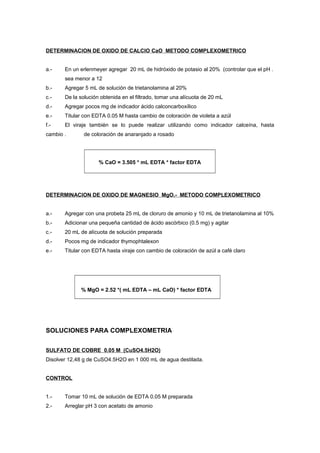 DETERMINACION DE OXIDO DE CALCIO CaO METODO COMPLEXOMETRICO
a.- En un erlenmeyer agregar 20 mL de hidróxido de potasio al 20% (controlar que el pH .
sea menor a 12
b.- Agregar 5 mL de solución de trietanolamina al 20%
c.- De la solución obtenida en el filtrado, tomar una alícuota de 20 mL
d.- Agregar pocos mg de indicador ácido calconcarboxílico
e.- Titular con EDTA 0.05 M hasta cambio de coloración de violeta a azúl
f.- El viraje también se lo puede realizar utilizando como indicador calceína, hasta
cambio . de coloración de anaranjado a rosado
% CaO = 3.505 * mL EDTA * factor EDTA
DETERMINACION DE OXIDO DE MAGNESIO MgO.- METODO COMPLEXOMETRICO
a.- Agregar con una probeta 25 mL de cloruro de amonio y 10 mL de trietanolamina al 10%
b.- Adicionar una pequeña cantidad de ácido ascórbico (0.5 mg) y agitar
c.- 20 mL de alícuota de solución preparada
d.- Pocos mg de indicador thymophtalexon
e.- Titular con EDTA hasta viraje con cambio de coloración de azúl a café claro
% MgO = 2.52 *( mL EDTA – mL CaO) * factor EDTA
SOLUCIONES PARA COMPLEXOMETRIA
SULFATO DE COBRE 0.05 M (CuSO4.5H2O)
Disolver 12,48 g de CuSO4.5H2O en 1 000 mL de agua destilada.
CONTROL
1.- Tomar 10 mL de solución de EDTA 0.05 M preparada
2.- Arreglar pH 3 con acetato de amonio
 