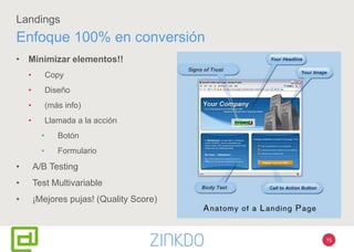 15
Landings
• Minimizar elementos!!
• Copy
• Diseño
• (más info)
• Llamada a la acción
• Botón
• Formulario
• A/B Testing
• Test Multivariable
• ¡Mejores pujas! (Quality Score)
Enfoque 100% en conversión
 