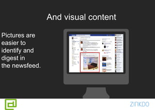 And visual content
Pictures are
easier to
identify and
digest in
the newsfeed.
 