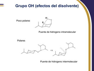 Grupo OH (efectos del disolvente)

                       δ+
Poco polares
                  δ-



               Puente de hidrogeno intramolecular


Polares




                Puente de hidrogeno intermolecular
 