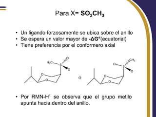Para X= SO2CH3

• Un ligando forzosamente se ubica sobre el anillo
• Se espera un valor mayor de -ΔG°(ecuatorial)
• Tiene preferencia por el conformero axial




• Por RMN-H1 se observa que el grupo metilo
  apunta hacia dentro del anillo.
 