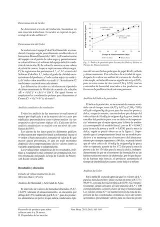 Determinación de Acidez
Se determinó a través de titulación, basándose en
una reacción ácido-base. La acidez se expresó en por-
centaje de ácido sulfúrico20
.
Determinación del Color
SerealizóconelequipoColorFlexHunterlab,seestan-
darizó el equipo según procedimiento establecido en el
Instruction Manual Hunterlab 11491. A) Estandarización
del equipo con el patrón de color negro y posteriormente
secolocóelblanco;elsoftwaredelequipoindicólacondi-
ción de iniciación. B) Se colocó la muestra en una cubeta
de cristal de cuarzo, la que se tapó con una cubierta negra.
C) Se registraron los parámetros L*, a*, b* a través del
Software Colorflex. L*, indica el grado de claridad-oscu-
recimientodelproducto;a*indicacolorrojo(+)overde(-
)yb*indicacoloramarillo(+)oazul(-)22
.Serealizaron12
medicionesarazóndeunacadaminuto.
Las diferencias de color se calcularon en el período
de almacenamiento de 90 días de acuerdo a la relación
ΔE = √(ΔL*
)2
+ (Δa*
)2
+ (Δb*
)2
. De igual forma se
emplearon las coordenadas polares para determinar el
Croma C* = √(a*2
+ b*2
) y el matiz29
.
Análisis estadístico de resultados
Todos los análisis de las muestras se realizaron al
menos por duplicado y en la mayoría de los casos por
triplicado; presentándose como valores medios () y sus
respectivas desviaciones típicas (S). Cada uno de los
análisis estadísticos se realizó con un nivel de con-
fianza del 95%.
Los ajustes de los datos para los diferentes gráficos
se efectuaron por regresión lineal y polinomial (hasta el
4to
orden si fuera necesario), tomando el valor de R2
que
mayor ajuste presentara, lo que en todo momento
dependió del comportamiento de los valores entre la
variable dependiente e independiente.
Las evaluaciones estadísticas de los resultados, refe-
ridas a estadígrafos más comunes de comparación, fue-
ron efectuadas utilizando la hoja de Cálculo de Micro-
soft Excel versión 2000.
Resultados y discusión
Estudio de Almacenamiento de las
Mezclas Dulce y Postre
Análisis de Humedad y Actividad de Agua
El intervalo de valores de humedad obtenidos (5,67-
12,69%) durante el almacenamiento, se encuentra por
debajo del 15% establecido por R.S.A.17
, para los produc-
tos alimenticios en polvo lo que indica condiciones ópti-
mas del envase (bolsas policapas de papel Kraft), sellado
y almacenamiento. Con relación a la actividad de agua,
después de realizar un análisis de varianza de clasifica-
ción simple, no hubo diferencias significativas (p < 0,05),
pues en estas zonas de Aw (entre 0,54 y 0,58), con los
contenidos de humedad asociados a los productos, no
favorecen la proliferación de microorganismos.
Análisis del Índice de peróxidos
El índice de peróxidos, se incrementó de manera soste-
nida con el tiempo, entre ((4,02 y 6,92) y (2,09 y 7,05))
mEq de oxígeno/kg de grasa para las mezclas postre y
dulce, respectivamente, encontrándose por debajo del
valor crítico de 10 mEq de oxígeno /kg de grasa, donde la
rancidez del producto pasa a ser un defecto de importan-
cia17
mientras que el mejor ajuste para la línea de tenden-
cia correspondió al modelo lineal, con un R2
= 0,9642
para la mezcla postre y un R2
= 0,9291 para la mezcla
dulce, según se puede observar en la figura 1. Supo-
niendo que el comportamiento lineal sea un modelo pre-
dictivo y se mantenga en el transcurso del almacena-
miento por tiempos superiores a 90 días, se puede inferir
que el valor crítico de 10 mEq de oxígeno/kg de grasa
sólo se superaría a partir de los 172 días para la mezcla
postre y de los 134 días para la mezcla dulce, indepen-
dientemente de que en el momento de formulación ya las
harinasteníantresmesesdeelaboradas,porloquedepar-
tir de harinas más frescas, el producto aumentaría el
tiempo de durabilidad en cuanto a este índice se refiere.
Análisis de Color
En la tabla III se puede apreciar que los valores de L*,
para las mezclas postre y dulce oscilan en torno al 87,77 y
89,69 %, con una desviación típica de 0,59 y 0,23 respec-
tivamente, siendo cercanos al valor máximo de L* = 100
correspondientes a colores claros de mayor luminosidad.
Los valores croma (C*) se mantuvieron en la zona de dis-
persión de las coordenadas cromáticas, lejos del centro
acromático, presentando valores para las mezclas postre
Desarrollo de producto para niños
celíacos entre 6 y 24 meses;
II: Propiedades de las mezclas
165Nutr Hosp. 2011;26(1):161-169
Fig. 1.—Índice de peróxido para las mezclas Dulce y Postre vs
Tiempo de Almacenamiento.
7,5
6,6
5,5
4,5
3,5
2,5
1,5
mEqdeoxígeno/kgdegrasa
Tiempo de Almacenamiento (días)
Mezcla Dulce
y = 0,035x + 3,9742
R2
= 0,9642
y = 0,0542x + 2,7445
R2
= 0,9291
0 15 30 45 60 75 90
Mezcla Postre
 
