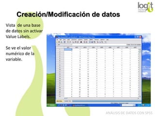 Creación/Modificación de datos
Vista de una base
de datos sin activar
Value Labels.
Se ve el valor
numérico de la
variable.

ANÁLISIS DE DATOS CON SPSS

 