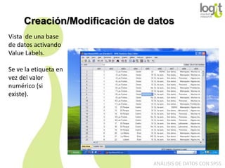 Creación/Modificación de datos
Vista de una base
de datos activando
Value Labels.
Se ve la etiqueta en
vez del valor
numérico (si
existe).

ANÁLISIS DE DATOS CON SPSS

 