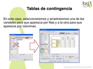 Tablas de contingencia
En este caso, seleccionaremos y arrastraremos una de las
variables para que aparezca por filas y a la otra para que
aparezca por columnas.

V111

V114

ANÁLISIS DE DATOS CON SPSS

 