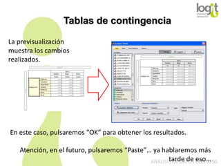 Tablas de contingencia
La previsualización
muestra los cambios
realizados.

En este caso, pulsaremos “OK” para obtener los resultados.
Atención, en el futuro, pulsaremos “Paste”… ya hablaremos más
tarde de CON SPSS
ANÁLISIS DE DATOS eso…

 