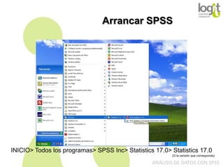 Arrancar SPSS

INICIO> Todos los programas> SPSS Inc> Statistics 17.0> Statistics 17.0
(O la versión que corresponda)

ANÁLISIS DE DATOS CON SPSS

 