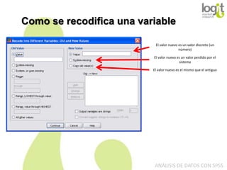 Como se recodifica una variable
El valor nuevo es un valor discreto (un
número)
El valor nuevo es un valor perdido por el
sistema
El valor nuevo es el mismo que el antiguo

ANÁLISIS DE DATOS CON SPSS

 