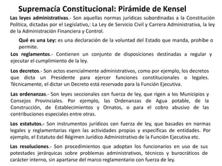 Supremacía Constitucional: Pirámide de Kensel 
Las leyes administrativas.- Son aquellas normas jurídicas subordinadas a la Constitución 
Política, dictadas por el Legislativo,: La Ley de Servicio Civil y Carrera Administrativa, la ley 
de la Administración Financiera y Control. 
Qué es una Ley: es una declaración de la voluntad del Estado que manda, prohíbe o 
permite. 
Los reglamentos.- Contienen un conjunto de disposiciones destinadas a regular y 
ejecutar el cumplimiento de la ley. 
Los decretos.- Son actos esencialmente administrativos, como por ejemplo, los decretos 
que dicta un Presidente para ejercer funciones constitucionales o legales. 
Técnicamente, el dictar un Decreto está reservado para la Función Ejecutiva. 
Las ordenanzas.- Son leyes seccionales con fuerza de ley, que rigen a los Municipios y 
Consejos Provinciales. Por ejemplo, las Ordenanzas de Agua potable, de la 
Construcción, de Establecimientos y Ornatos, o para el cobro abusivo de las 
contribuciones especiales entre otras. 
Los estatutos.- Son instrumentos jurídicos con fuerza de ley, que basados en normas 
legales y reglamentarias rigen las actividades propias y específicas de entidades. Por 
ejemplo, el Estatuto del Régimen Jurídico Administrativo de la Función Ejecutiva etc. 
Las resoluciones.- Son procedimientos que adoptan los funcionarios en uso de sus 
potestades jerárquicas sobre problemas administrativos, técnicos y burocráticos de 
carácter interno, sin apartarse del marco reglamentario con fuerza de ley. 
 