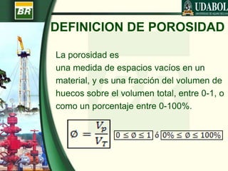 La porosidad es
una medida de espacios vacíos en un
material, y es una fracción del volumen de
huecos sobre el volumen total, entre 0-1, o
como un porcentaje entre 0-100%.
DEFINICION DE POROSIDAD
 