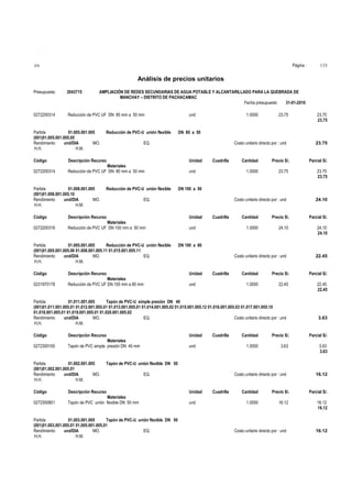 Página :

S10

133

Análisis de precios unitarios
Presupuesto

2043715

AMPLIACIÓN DE REDES SECUNDARIAS DE AGUA POTABLE Y ALCANTARILLADO PARA LA QUEBRADA DE
MANCHAY – DISTRITO DE PACHACAMAC
Fecha presupuesto
31-01-2010

0272200314

Reducción de PVC UF DN 80 mm a 50 mm

Partida
01.005.001.005
(001)01.005.001.005.05
Rendimiento
und/DIA
MO.
H.H.
H.M.

Reducción de PVC-U unión flexible

und

1.0000

EQ.

Costo unitario directo por : und

Descripción Recurso

Unidad

0272200314

Materiales
Reducción de PVC UF DN 80 mm a 50 mm

und

Reducción de PVC-U unión flexible

Cuadrilla

Cantidad

Precio S/.

Parcial S/.

23.75

23.75
23.75

DN 100 a 50
Costo unitario directo por : und

Código

Descripción Recurso

Unidad

0272200316

Materiales
Reducción de PVC UF DN 100 mm a 50 mm

und

Cuadrilla

24.10

Cantidad

Precio S/.

Parcial S/.

1.0000

24.10

24.10
24.10

DN 100 a 80
Costo unitario directo por : und

Código

Descripción Recurso

Unidad

0231970178

Materiales
Reducción de PVC UF DN 100 mm a 80 mm

und

Cuadrilla

Código

Descripción Recurso

Unidad

0272300100

Materiales
Tapón de PVC simple presión DN 40 mm

22.45

Cantidad

Precio S/.

Parcial S/.

1.0000

22.45

22.45
22.45

Partida
01.011.001.005
Tapón de PVC-U simple presión DN 40
(001)01.011.001.005.01 01.012.001.005.01 01.013.001.005.01 01.014.001.005.02 01.015.001.005.12 01.016.001.005.03 01.017.001.005.10
01.018.001.005.01 01.019.001.005.01 01.020.001.005.02
Rendimiento
und/DIA
MO.
EQ.
Costo unitario directo por : und
H.H.
H.M.

und

Partida
01.002.001.005
(001)01.002.001.005.01
Rendimiento
und/DIA
MO.
H.H.
H.M.

23.75

1.0000

EQ.

Partida
01.005.001.005
Reducción de PVC-U unión flexible
(001)01.005.001.005.06 01.008.001.005.11 01.015.001.005.11
Rendimiento
und/DIA
MO.
EQ.
H.H.
H.M.

23.75
23.75

DN 80 a 50

Código

Partida
01.008.001.005
(001)01.008.001.005.10
Rendimiento
und/DIA
MO.
H.H.
H.M.

23.75

Cuadrilla

3.63

Cantidad

Precio S/.

Parcial S/.

1.0000

3.63

3.63
3.63

Tapón de PVC-U unión flexible DN 50
EQ.

Costo unitario directo por : und

Código

Descripción Recurso

Unidad

0272300801

Materiales
Tapón de PVC unión flexible DN 50 mm

und

Partida
01.003.001.005
Tapón de PVC-U unión flexible DN 50
(001)01.003.001.005.01 01.005.001.005.01
Rendimiento
und/DIA
MO.
EQ.
H.H.
H.M.

Cuadrilla

16.12

Cantidad

Precio S/.

Parcial S/.

1.0000

16.12

16.12
16.12

Costo unitario directo por : und

16.12

 