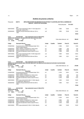 Página :

S10

209

Análisis de precios unitarios
Presupuesto

020401030430
030302040403

2043715

AMPLIACIÓN DE REDES SECUNDARIAS DE AGUA POTABLE Y ALCANTARILLADO PARA LA QUEBRADA DE
MANCHAY – DISTRITO DE PACHACAMAC
Fecha presupuesto
31-01-2010

pulso
Sum. de caja condominial D= 0.60m h=1.20m c/tapa de CA
c/platina galv. caliente (CP-V)
Instalacion de caja condominial D=0.60m de 1.00 m a
1.20m

und

1.0000

126.00

126.00

und

1.0000

104.46

104.46
305.20

Partida
02.010.001.006
Caja condominial t-rocoso h= 0.50m (CP-V)
(002)02.010.001.006.04 02.011.001.006.05 02.012.001.005.05 02.015.001.005.05
Rendimiento
und/DIA
MO.
EQ.
H.H. 8.1434
H.M. 0.9293
Código
010302072020
010303072010
010304071020
010306071060
020401030423
030302040402

Descripción Recurso
Subpartidas
Excavaciones terreno rocoso c/compresora hasta 1,00 m
prof.(sin emplear explosivo)
Refine, nivelación y compactación en terreno rocoso
Relleno compactado en terreno rocoso a pulso
Eliminación de desmonte en terreno rocoso R=10 km a
pulso
Sum. de caja condominial D=0.40m h=0.50m c/tapa de CA
c/platina galv. caliente (CP-V)
Instalacion de caja condominial D=0.40m de 0.50m a
0.90m

Costo unitario directo por : und

Unidad

Cuadrilla

264.02

Cantidad

Precio S/.

Parcial S/.

m3

0.1696

140.91

23.90

m2
m3
m3

0.3600
0.0942
0.1696

8.44
48.08
66.85

3.04
4.53
11.34

und

1.0000

126.00

126.00

und

1.0000

95.21

95.21
264.02

Partida
02.001.001.006
Caja condominial t-rocoso h= 0.60m (CP-V)
(002)02.001.001.006.03 02.003.001.006.01 02.010.001.006.05 02.011.001.006.06 02.012.001.005.06 02.013.001.005.01 02.015.001.005.06
02.018.001.005.01
Rendimiento
und/DIA
MO.
EQ.
Costo unitario directo por : und
H.H. 8.4072
H.M. 1.0768
Código
010302072020
010303072010
010304071020
010306071060
020401030424
030302040402

Descripción Recurso
Subpartidas
Excavaciones terreno rocoso c/compresora hasta 1,00 m
prof.(sin emplear explosivo)
Refine, nivelación y compactación en terreno rocoso
Relleno compactado en terreno rocoso a pulso
Eliminación de desmonte en terreno rocoso R=10 km a
pulso
Sum. de caja condominial D= 0.40m h= 0.60m c/tapa de
CA c/platina galv. caliente (CP-V)
Instalacion de caja condominial D=0.40m de 0.50m a
0.90m

Unidad

Cuadrilla

276.66

Cantidad

Precio S/.

Parcial S/.

m3

0.1979

140.91

27.89

m2
m3
m3

0.3600
0.1100
0.1979

8.44
48.08
66.85

3.04
5.29
13.23

und

1.0000

132.00

132.00

und

1.0000

95.21

95.21
276.66

Partida
02.014.001.006
(002)02.014.001.006.08
Rendimiento
und/DIA
MO.
H.H. 8.4072
H.M. 1.0768
Código
010302072020
010303072010
010304071020
010306071060
020401030424

Caja condominial t-rocoso h= 0.60m (CP-V)
EQ.

Descripción Recurso
Subpartidas
Excavaciones terreno rocoso c/compresora hasta 1,00 m
prof.(sin emplear explosivo)
Refine, nivelación y compactación en terreno rocoso
Relleno compactado en terreno rocoso a pulso
Eliminación de desmonte en terreno rocoso R=10 km a
pulso
Sum. de caja condominial D= 0.40m h= 0.60m c/tapa de

Costo unitario directo por : und

Unidad

Cuadrilla

276.66

Cantidad

Precio S/.

Parcial S/.

m3

0.1979

140.91

27.89

m2
m3
m3

0.3600
0.1100
0.1979

8.44
48.08
66.85

3.04
5.29
13.23

und

1.0000

132.00

132.00

 