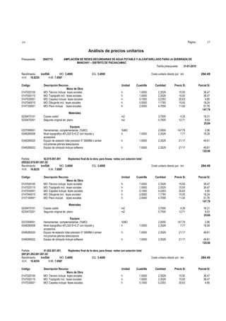 Página :

S10

37

Análisis de precios unitarios
Presupuesto

2043715

AMPLIACIÓN DE REDES SECUNDARIAS DE AGUA POTABLE Y ALCANTARILLADO PARA LA QUEBRADA DE
MANCHAY – DISTRITO DE PACHACAMAC
Fecha presupuesto
31-01-2010

Rendimiento
km/DIA
MO. 3.4000
H.H. 10.8235
H.M. 7.0587
Código
0147020100
0147020110
0147030001
0147040010
0147100001

Descripción Recurso
Mano de Obra
MO: Técnico incluye leyes sociales
MO: Topógrafo incl. leyes sociales
MO: Capataz incluye leyes sociales
MO: Dibujante incl. leyes sociales
MO: Peon incluye leyes sociales

0230470101
0230470201

EQ. 3.4000

Materiales
Copias ozalid
Segundo original de plano

0337009001
0348280008
0348280020
0348280022

Equipos
Herramientas complementarias (%MO)
Nivel topográfico AFL320 E=0,3" con trípode y
accesorios
Equipo de estación total precisión 5" G608M ó similar
incl.prismas jalones telescópicos
Equipo de cómputo incluye software

Costo unitario directo por : km

Unidad
h
h
h
h
h

Cuadrilla

Cantidad

Precio S/.

Parcial S/.

1.0000
1.0000
0.1000
0.5000
2.0000

2.3529
2.3529
0.2353
1.1765
4.7059

15.50
15.50
20.63
15.50
11.00

36.47
36.47
4.85
18.24
51.76
147.79

3.7500
0.7500

4.35
12.71

16.31
9.53
25.84

m2
m2

%MO
h

1.0000

2.0000
2.3529

147.79
7.77

2.96
18.28

h

1.0000

2.3529

21.17

49.81

h

1.0000

2.3529

21.17

49.81
120.86

Partida
02.019.001.001
Replanteo final de la obra, para líneas redes con estación total
(002)02.019.001.001.02
Rendimiento
km/DIA
MO. 3.4000
EQ. 3.4000
H.H. 10.8235
H.M. 7.0587
Código
0147020100
0147020110
0147030001
0147040010
0147100001

Descripción Recurso
Mano de Obra
MO: Técnico incluye leyes sociales
MO: Topógrafo incl. leyes sociales
MO: Capataz incluye leyes sociales
MO: Dibujante incl. leyes sociales
MO: Peon incluye leyes sociales

0230470101
0230470201

Materiales
Copias ozalid
Segundo original de plano

0337009001
0348280008
0348280020
0348280022

Equipos
Herramientas complementarias (%MO)
Nivel topográfico AFL320 E=0,3" con trípode y
accesorios
Equipo de estación total precisión 5" G608M ó similar
incl.prismas jalones telescópicos
Equipo de cómputo incluye software

Unidad
h
h
h
h
h

0147020100
0147020110
0147030001

Descripción Recurso
Mano de Obra
MO: Técnico incluye leyes sociales
MO: Topógrafo incl. leyes sociales
MO: Capataz incluye leyes sociales

Costo unitario directo por : km

294.49

Cuadrilla

Cantidad

Precio S/.

Parcial S/.

1.0000
1.0000
0.1000
0.5000
2.0000

2.3529
2.3529
0.2353
1.1765
4.7059

15.50
15.50
20.63
15.50
11.00

36.47
36.47
4.85
18.24
51.76
147.79

3.7500
0.7500

4.35
12.71

16.31
9.53
25.84

m2
m2

%MO
h

1.0000

2.0000
2.3529

147.79
7.77

2.96
18.28

h

1.0000

2.3529

21.17

49.81

h

1.0000

2.3529

21.17

49.81
120.86

Partida
01.002.001.001
Replanteo final de la obra, para líneas redes con estación total
(001)01.002.001.001.02
Rendimiento
km/DIA
MO. 3.4000
EQ. 3.4000
H.H. 10.8235
H.M. 7.0587
Código

294.49

Unidad
h
h
h

Costo unitario directo por : km

294.49

Cuadrilla

Cantidad

Precio S/.

Parcial S/.

1.0000
1.0000
0.1000

2.3529
2.3529
0.2353

15.50
15.50
20.63

36.47
36.47
4.85

 