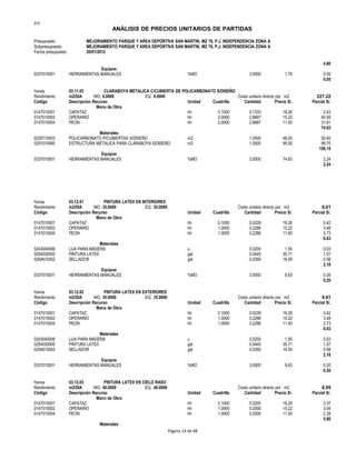 S10
ANÁLISIS DE PRECIOS UNITARIOS DE PARTIDAS
Presupuesto MEJORAMIENTO PARQUE Y AREA DEPORTIVA SAN MARTIN, MZ 76, P.J. INDEPENDENCIA ZONA A
Subpresupuesto MEJORAMIENTO PARQUE Y AREA DEPORTIVA SAN MARTIN, MZ 76, P.J. INDEPENDENCIA ZONA A
Fecha presupuesto 20/01/2012
4.80
Equipos
0337010001 HERRAMIENTAS MANUALES %MO 3.0000 1.70 0.05
0.05
Partida 03.11.03 CLARABOYA METALICA C/CUBIERTA DE POLICARBONATO S/DISEÑO
Rendimiento m2/DIA MO. 6.0000 EQ. 6.0000 Costo unitario directo por : m2 227.22
Código Descripción Recurso Unidad Cuadrilla Cantidad Precio S/. Parcial S/.
Mano de Obra
0147010001 CAPATAZ hh 0.1000 0.1333 18.26 2.43
0147010002 OPERARIO hh 2.0000 2.6667 15.22 40.59
0147010004 PEON hh 2.0000 2.6667 11.93 31.81
74.83
Materiales
0229710003 POLICARBONATO P/CUBIERTAS S/DISEÑO m2 1.0500 48.00 50.40
0251010060 ESTRUCTURA METALICA PARA CLARABOYA S/DISEÑO m2 1.0500 95.00 99.75
150.15
Equipos
0337010001 HERRAMIENTAS MANUALES %MO 3.0000 74.83 2.24
2.24
Partida 03.12.01 PINTURA LATEX EN INTERIORES
Rendimiento m2/DIA MO. 35.0000 EQ. 35.0000 Costo unitario directo por : m2 9.01
Código Descripción Recurso Unidad Cuadrilla Cantidad Precio S/. Parcial S/.
Mano de Obra
0147010001 CAPATAZ hh 0.1000 0.0229 18.26 0.42
0147010002 OPERARIO hh 1.0000 0.2286 15.22 3.48
0147010004 PEON hh 1.0000 0.2286 11.93 2.73
6.63
Materiales
0243040006 LIJA PARA MADERA u 0.0200 1.50 0.03
0254030000 PINTURA LATEX gal 0.0440 35.71 1.57
0254610052 SELLADOR gal 0.0350 16.50 0.58
2.18
Equipos
0337010001 HERRAMIENTAS MANUALES %MO 3.0000 6.63 0.20
0.20
Partida 03.12.02 PINTURA LATEX EN EXTERIORES
Rendimiento m2/DIA MO. 35.0000 EQ. 35.0000 Costo unitario directo por : m2 9.01
Código Descripción Recurso Unidad Cuadrilla Cantidad Precio S/. Parcial S/.
Mano de Obra
0147010001 CAPATAZ hh 0.1000 0.0229 18.26 0.42
0147010002 OPERARIO hh 1.0000 0.2286 15.22 3.48
0147010004 PEON hh 1.0000 0.2286 11.93 2.73
6.63
Materiales
0243040006 LIJA PARA MADERA u 0.0200 1.50 0.03
0254030000 PINTURA LATEX gal 0.0440 35.71 1.57
0254610052 SELLADOR gal 0.0350 16.50 0.58
2.18
Equipos
0337010001 HERRAMIENTAS MANUALES %MO 3.0000 6.63 0.20
0.20
Partida 03.12.03 PINTURA LATEX EN CIELO RASO
Rendimiento m2/DIA MO. 40.0000 EQ. 40.0000 Costo unitario directo por : m2 8.95
Código Descripción Recurso Unidad Cuadrilla Cantidad Precio S/. Parcial S/.
Mano de Obra
0147010001 CAPATAZ hh 0.1000 0.0200 18.26 0.37
0147010002 OPERARIO hh 1.0000 0.2000 15.22 3.04
0147010004 PEON hh 1.0000 0.2000 11.93 2.39
5.80
Materiales
Página 14 de 48
 