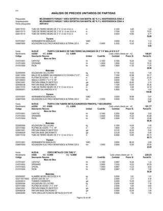 S10
ANÁLISIS DE PRECIOS UNITARIOS DE PARTIDAS
Presupuesto MEJORAMIENTO PARQUE Y AREA DEPORTIVA SAN MARTIN, MZ 76, P.J. INDEPENDENCIA ZONA A
Subpresupuesto MEJORAMIENTO PARQUE Y AREA DEPORTIVA SAN MARTIN, MZ 76, P.J. INDEPENDENCIA ZONA A
Fecha presupuesto 20/01/2012
0265170103 TUBO DE FIERRO NEGRO DE 2" X 1.5 mm X 6.4 m m 0.1400 8.85 1.24
0265170113 TUBO DE FIERRO NEGRO DE 2 1/4" X 1.5 mm X 6.4 m m 1.7200 9.25 15.91
0265170114 TUBO DE FIERRO NEGRO DE 3" X 1.5 mm X 6.4 m m 0.4400 10.85 4.77
52.69
Equipos
0337010001 HERRAMIENTAS MANUALES %MO 3.0000 37.42 1.12
0348070000 SOLDADORA ELECTRICA MONOFASICA ALTERNA 225 A hm 0.5000 0.3333 10.00 3.33
4.45
Partida 04.05.02 PUERTA CON MARCO DE TUBO FIERRO GALVANIZADO DE 2" Y 4" MALLA N.10 X 2"
Rendimiento m2/DIA MO. 8.0000 EQ. 8.0000 Costo unitario directo por : m2 140.81
Código Descripción Recurso Unidad Cuadrilla Cantidad Precio S/. Parcial S/.
Mano de Obra
0147010001 CAPATAZ hh 0.1000 0.1000 18.26 1.83
0147010002 OPERARIO hh 1.0000 1.0000 15.22 15.22
0147010004 PEON hh 1.0000 1.0000 11.93 11.93
28.98
Materiales
0229550094 SOLDADURA CELLOCORD kg 0.1100 14.00 1.54
0246110059 MALLA DE ALAMBRE GALVANIZADO # 10 COCADA 2" X 2" m2 1.1000 22.88 25.17
0251010062 PLATINA DE ACERO 1" X 1/8" m 2.8000 7.25 20.30
0251200003 ANGULO ACERO 1" X 1" X 1/8" m 0.6000 7.85 4.71
0254010001 PINTURA ESMALTE SINTETICO gal 0.0600 35.00 2.10
0254060038 PINTURA BASE ZINCROMATO gal 1.1000 33.05 36.36
0265170103 TUBO DE FIERRO NEGRO DE 2" X 1.5 mm X 6.4 m m 1.6000 8.85 14.16
0265900051 ALAMBRE GALVANIZADO # 10 kg 0.3600 4.50 1.62
105.96
Equipos
0337010001 HERRAMIENTAS MANUALES %MO 3.0000 28.98 0.87
0348070000 SOLDADORA ELECTRICA MONOFASICA ALTERNA 225 A hm 0.5000 0.5000 10.00 5.00
5.87
Partida 04.05.03 PUERTA CON TUBERIA METALICA(INGRESOS PRINCIPAL Y SECUNDARIO)
Rendimiento m2/DIA MO. 4.0000 EQ. 4.0000 Costo unitario directo por : m2 191.77
Código Descripción Recurso Unidad Cuadrilla Cantidad Precio S/. Parcial S/.
Mano de Obra
0147010001 CAPATAZ hh 0.1000 0.2000 18.26 3.65
0147010002 OPERARIO hh 2.0000 4.0000 15.22 60.88
0147010004 PEON hh 1.0000 2.0000 11.93 23.86
88.39
Materiales
0229550094 SOLDADURA CELLOCORD kg 0.1000 14.00 1.40
0251010062 PLATINA DE ACERO 1" X 1/8" m 1.8500 7.25 13.41
0254010001 PINTURA ESMALTE SINTETICO gal 0.0120 35.00 0.42
0254060038 PINTURA BASE ZINCROMATO gal 0.0120 33.05 0.40
0265170104 TUBO DE FIERRO NEGRO DE 3" X 1.5 mm X 6.4 m m 6.0000 10.85 65.10
80.73
Equipos
0337010001 HERRAMIENTAS MANUALES %MO 3.0000 88.39 2.65
0348070000 SOLDADORA ELECTRICA MONOFASICA ALTERNA 225 A hm 1.0000 2.0000 10.00 20.00
22.65
Partida 04.05.04 CERCO METALICO CON TUBO 3"
Rendimiento m/DIA MO. 12.0000 EQ. 12.0000 Costo unitario directo por : m 220.23
Código Descripción Recurso Unidad Cuadrilla Cantidad Precio S/. Parcial S/.
Mano de Obra
0147010001 CAPATAZ hh 0.1000 0.0667 18.26 1.22
0147010002 OPERARIO hh 2.0000 1.3333 15.22 20.29
0147010003 OFICIAL hh 1.0000 0.6667 13.23 8.82
0147010004 PEON hh 1.0000 0.6667 11.93 7.95
38.28
Materiales
0202000007 ALAMBRE NEGRO RECOCIDO # 16 kg 0.5000 3.81 1.91
02021100170002 ACERO LISO DE 1/2" m 2.0000 2.17 4.34
0229200010 THINNER CORRIENTE gal 0.0500 12.29 0.61
0229550094 SOLDADURA CELLOCORD kg 0.5250 14.00 7.35
0251010064 PLATINA DE ACERO 2" X 3/16" m 2.0000 4.80 9.60
0254010001 PINTURA ESMALTE SINTETICO gal 0.0500 35.00 1.75
0254060038 PINTURA BASE ZINCROMATO gal 0.0500 33.05 1.65
0256020084 TAPA CIRCULAR PLANCHA METALICA D=3"X1/8" u 5.0000 1.50 7.50
Página 26 de 48
 