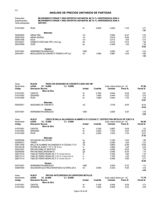 S10
ANÁLISIS DE PRECIOS UNITARIOS DE PARTIDAS
Presupuesto MEJORAMIENTO PARQUE Y AREA DEPORTIVA SAN MARTIN, MZ 76, P.J. INDEPENDENCIA ZONA A
Subpresupuesto MEJORAMIENTO PARQUE Y AREA DEPORTIVA SAN MARTIN, MZ 76, P.J. INDEPENDENCIA ZONA A
Fecha presupuesto 20/01/2012
0147010004 PEON hh 6.0000 0.4000 11.93 4.77
7.67
Materiales
0204000000 ARENA FINA m3 0.0094 42.37 0.40
0205010004 ARENA GRUESA m3 0.0218 33.89 0.74
0205010036 AGUA m3 0.0110 9.00 0.10
0221000001 CEMENTO PORTLAND TIPO I (42.5 kg) bls 0.4732 16.70 7.90
0229150009 OCRE kg 0.3526 3.00 1.06
10.20
Equipos
0337010001 HERRAMIENTAS MANUALES %MO 3.0000 7.67 0.23
0349100011 MEZCLADORA DE CONCRETO TROMPO 8 HP 9 p3 hm 1.0000 0.0667 12.00 0.80
1.03
Partida 05.04.08 PISOS CON ADOQUINES DE CONCRETO 0.20X0.15X0.10M
Rendimiento m2/DIA MO. 18.0000 EQ. 18.0000 Costo unitario directo por : m2 47.60
Código Descripción Recurso Unidad Cuadrilla Cantidad Precio S/. Parcial S/.
Mano de Obra
0147010001 CAPATAZ hh 0.1000 0.0444 18.26 0.81
0147010002 OPERARIO hh 1.0000 0.4444 15.22 6.76
0147010004 PEON hh 1.0000 0.4444 11.93 5.30
12.87
Materiales
0205030071 ADOQUINES DE CONCRETO m2 1.0100 34.00 34.34
34.34
Equipos
0337010001 HERRAMIENTAS MANUALES %MO 3.0000 12.87 0.39
0.39
Partida 05.05.01 CERCO DE MALLA GALVANIZADA ALAMBRE N.10 X COCADA 2", C/ESTRUCTURA METÁLICA DE TUBO F.N.
Rendimiento m2/DIA MO. 12.0000 EQ. 12.0000 Costo unitario directo por : m2 94.56
Código Descripción Recurso Unidad Cuadrilla Cantidad Precio S/. Parcial S/.
Mano de Obra
0147010001 CAPATAZ hh 0.1000 0.0667 18.26 1.22
0147010002 OPERARIO hh 2.0000 1.3333 15.22 20.29
0147010004 PEON hh 2.0000 1.3333 11.93 15.91
37.42
Materiales
0229550094 SOLDADURA CELLOCORD kg 0.1200 14.00 1.68
0230000012 THINER gal 0.0360 9.00 0.32
0246110059 MALLA DE ALAMBRE GALVANIZADO # 10 COCADA 2" X 2" m2 0.8600 22.88 19.68
0251040128 PLATINA DE ACERO 1 1/2" X 1/8" X 6 m m 1.6600 4.00 6.64
0254010001 PINTURA ESMALTE SINTETICO gal 0.0360 35.00 1.26
0254060038 PINTURA BASE ZINCROMATO gal 0.0360 33.05 1.19
0265170103 TUBO DE FIERRO NEGRO DE 2" X 1.5 mm X 6.4 m m 0.1400 8.85 1.24
0265170113 TUBO DE FIERRO NEGRO DE 2 1/4" X 1.5 mm X 6.4 m m 1.7200 9.25 15.91
0265170114 TUBO DE FIERRO NEGRO DE 3" X 1.5 mm X 6.4 m m 0.4400 10.85 4.77
52.69
Equipos
0337010001 HERRAMIENTAS MANUALES %MO 3.0000 37.42 1.12
0348070000 SOLDADORA ELECTRICA MONOFASICA ALTERNA 225 A hm 0.5000 0.3333 10.00 3.33
4.45
Partida 05.06.01 PINTURA ANTICORROSIVA EN CARPINTERIA METALICA
Rendimiento m2/DIA MO. 20.0000 EQ. 20.0000 Costo unitario directo por : m2 17.79
Código Descripción Recurso Unidad Cuadrilla Cantidad Precio S/. Parcial S/.
Mano de Obra
0147010001 CAPATAZ hh 0.1000 0.0400 18.26 0.73
0147010002 OPERARIO hh 1.0000 0.4000 15.22 6.09
Página 34 de 48
 