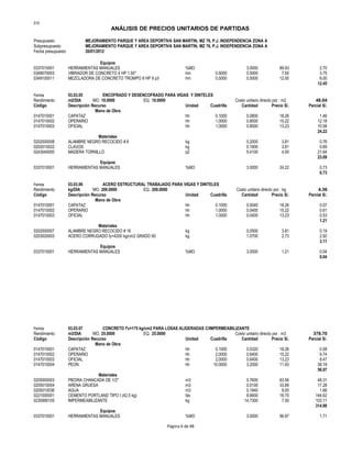 S10
ANÁLISIS DE PRECIOS UNITARIOS DE PARTIDAS
Presupuesto MEJORAMIENTO PARQUE Y AREA DEPORTIVA SAN MARTIN, MZ 76, P.J. INDEPENDENCIA ZONA A
Subpresupuesto MEJORAMIENTO PARQUE Y AREA DEPORTIVA SAN MARTIN, MZ 76, P.J. INDEPENDENCIA ZONA A
Fecha presupuesto 20/01/2012
Equipos
0337010001 HERRAMIENTAS MANUALES %MO 3.0000 89.93 2.70
0349070003 VIBRADOR DE CONCRETO 4 HP 1.50" hm 0.5000 0.5000 7.50 3.75
0349100011 MEZCLADORA DE CONCRETO TROMPO 8 HP 9 p3 hm 0.5000 0.5000 12.00 6.00
12.45
Partida 03.03.05 ENCOFRADO Y DESENCOFRADO PARA VIGAS Y DINTELES
Rendimiento m2/DIA MO. 10.0000 EQ. 10.0000 Costo unitario directo por : m2 48.04
Código Descripción Recurso Unidad Cuadrilla Cantidad Precio S/. Parcial S/.
Mano de Obra
0147010001 CAPATAZ hh 0.1000 0.0800 18.26 1.46
0147010002 OPERARIO hh 1.0000 0.8000 15.22 12.18
0147010003 OFICIAL hh 1.0000 0.8000 13.23 10.58
24.22
Materiales
0202000008 ALAMBRE NEGRO RECOCIDO # 8 kg 0.2000 3.81 0.76
0202010022 CLAVOS kg 0.1800 3.81 0.69
0243040000 MADERA TORNILLO p2 5.4100 4.00 21.64
23.09
Equipos
0337010001 HERRAMIENTAS MANUALES %MO 3.0000 24.22 0.73
0.73
Partida 03.03.06 ACERO ESTRUCTURAL TRABAJADO PARA VIGAS Y DINTELES
Rendimiento kg/DIA MO. 200.0000 EQ. 200.0000 Costo unitario directo por : kg 4.36
Código Descripción Recurso Unidad Cuadrilla Cantidad Precio S/. Parcial S/.
Mano de Obra
0147010001 CAPATAZ hh 0.1000 0.0040 18.26 0.07
0147010002 OPERARIO hh 1.0000 0.0400 15.22 0.61
0147010003 OFICIAL hh 1.0000 0.0400 13.23 0.53
1.21
Materiales
0202000007 ALAMBRE NEGRO RECOCIDO # 16 kg 0.0500 3.81 0.19
0203020003 ACERO CORRUGADO fy=4200 kg/cm2 GRADO 60 kg 1.0700 2.73 2.92
3.11
Equipos
0337010001 HERRAMIENTAS MANUALES %MO 3.0000 1.21 0.04
0.04
Partida 03.03.07 CONCRETO f'c=175 kg/cm2 PARA LOSAS ALIGERADAS C/IMPERMEABILIZANTE
Rendimiento m3/DIA MO. 25.0000 EQ. 25.0000 Costo unitario directo por : m3 378.70
Código Descripción Recurso Unidad Cuadrilla Cantidad Precio S/. Parcial S/.
Mano de Obra
0147010001 CAPATAZ hh 0.1000 0.0320 18.26 0.58
0147010002 OPERARIO hh 2.0000 0.6400 15.22 9.74
0147010003 OFICIAL hh 2.0000 0.6400 13.23 8.47
0147010004 PEON hh 10.0000 3.2000 11.93 38.18
56.97
Materiales
0205000003 PIEDRA CHANCADA DE 1/2" m3 0.7600 63.56 48.31
0205010004 ARENA GRUESA m3 0.5100 33.89 17.28
0205010036 AGUA m3 0.1840 9.00 1.66
0221000001 CEMENTO PORTLAND TIPO I (42.5 kg) bls 8.6600 16.70 144.62
0230990105 IMPERMEABILIZANTE kg 14.7300 7.00 103.11
314.98
Equipos
0337010001 HERRAMIENTAS MANUALES %MO 3.0000 56.97 1.71
Página 6 de 48
 
