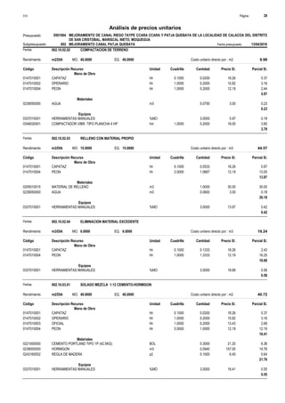 Página :
S10 39
0501064
Presupuesto MEJORAMIENTO DE CANAL RIEGO TAYPE CCARA CCARA Y PATJA QUEBAYA DE LA LOCALIDAD DE CALACOA DEL DISTRITO
DE SAN CRISTOBAL, MARISCAL NIETO, MOQUEGUA
Análisis de precios unitarios
Fecha presupuesto 13/04/2016
002
Subpresupuesto MEJORAMIENTO CANAL PATJA QUEBAYA
Partida 002.10.02.02 COMPACTACION DE TERRENO
m2/DIA 40.0000
Rendimiento Costo unitario directo por : m2 9.98
40.0000
EQ.
MO.
Unidad Cuadrilla Cantidad Precio S/.
Código Descripción Recurso Parcial S/.
Mano de Obra
hh
0147010001 0.1000 0.0200 0.37
18.26
CAPATAZ
hh
0147010002 1.0000 0.2000 3.16
15.82
OPERARIO
hh
0147010004 1.0000 0.2000 2.44
12.19
PEON
5.97
Materiales
m3
0239050000 0.0750 0.23
3.00
AGUA
0.23
Equipos
%MO
0337010001 3.0000 0.18
5.97
HERRAMIENTAS MANUALES
hm
0349030001 1.0000 0.2000 3.60
18.00
COMPACTADOR VIBR. TIPO PLANCHA 4 HP
3.78
Partida 002.10.02.03 RELLENO CON MATERIAL PROPIO
m3/DIA 15.0000
Rendimiento Costo unitario directo por : m3 44.57
15.0000
EQ.
MO.
Unidad Cuadrilla Cantidad Precio S/.
Código Descripción Recurso Parcial S/.
Mano de Obra
hh
0147010001 0.1000 0.0533 0.97
18.26
CAPATAZ
hh
0147010004 2.0000 1.0667 13.00
12.19
PEON
13.97
Materiales
m3
0205010015 1.0000 30.00
30.00
MATERIAL DE RELLENO
m3
0239050000 0.0600 0.18
3.00
AGUA
30.18
Equipos
%MO
0337010001 3.0000 0.42
13.97
HERRAMIENTAS MANUALES
0.42
Partida 002.10.02.04 ELIMINACION MATERIAL EXCEDENTE
m3/DIA 6.0000
Rendimiento Costo unitario directo por : m3 19.24
6.0000
EQ.
MO.
Unidad Cuadrilla Cantidad Precio S/.
Código Descripción Recurso Parcial S/.
Mano de Obra
hh
0147010001 0.1000 0.1333 2.43
18.26
CAPATAZ
hh
0147010004 1.0000 1.3333 16.25
12.19
PEON
18.68
Equipos
%MO
0337010001 3.0000 0.56
18.68
HERRAMIENTAS MANUALES
0.56
Partida 002.10.03.01 SOLADO MEZCLA 1:12 CEMENTO-HORMIGON
m2/DIA 40.0000
Rendimiento Costo unitario directo por : m2 40.72
40.0000
EQ.
MO.
Unidad Cuadrilla Cantidad Precio S/.
Código Descripción Recurso Parcial S/.
Mano de Obra
hh
0147010001 0.1000 0.0200 0.37
18.26
CAPATAZ
hh
0147010002 1.0000 0.2000 3.16
15.82
OPERARIO
hh
0147010003 1.0000 0.2000 2.69
13.43
OFICIAL
hh
0147010004 5.0000 1.0000 12.19
12.19
PEON
18.41
Materiales
BOL
0221000000 0.3000 6.36
21.20
CEMENTO PORTLAND TIPO 1P (42.5KG)
m3
0238000000 0.0940 14.76
157.00
HORMIGON
p2
0243160052 0.1000 0.64
6.40
REGLA DE MADERA
21.76
Equipos
%MO
0337010001 3.0000 0.55
18.41
HERRAMIENTAS MANUALES
0.55
 