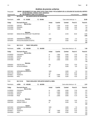 Página :
S10 42
0501064
Presupuesto MEJORAMIENTO DE CANAL RIEGO TAYPE CCARA CCARA Y PATJA QUEBAYA DE LA LOCALIDAD DE CALACOA DEL DISTRITO
DE SAN CRISTOBAL, MARISCAL NIETO, MOQUEGUA
Análisis de precios unitarios
Fecha presupuesto 13/04/2016
002
Subpresupuesto MEJORAMIENTO CANAL PATJA QUEBAYA
Partida 002.10.06.02 SELLADOR ELÁSTICO DE POLIURETANO
m/DIA 80.0000
Rendimiento Costo unitario directo por : m 36.86
80.0000
EQ.
MO.
Unidad Cuadrilla Cantidad Precio S/.
Código Descripción Recurso Parcial S/.
Mano de Obra
hh
0147010001 0.1000 0.0100 0.18
18.26
CAPATAZ
hh
0147010002 1.0000 0.1000 1.58
15.82
OPERARIO
hh
0147010003 1.0000 0.1000 1.34
13.43
OFICIAL
3.10
Materiales
und
0230150041 0.4100 32.80
80.00
MANGA DE SELLADOR ELAST. POLIURETANO
32.80
Equipos
%MO
0337010001 5.0000 0.16
3.10
HERRAMIENTAS MANUALES
und
0337020047 0.0500 0.80
16.00
PISTOLA APLICADORA DE ADITIVO
0.96
Partida 002.11.01.01 TRAZO Y REPLANTEO
m2/DIA 400.0000
Rendimiento Costo unitario directo por : m2 1.85
400.0000
EQ.
MO.
Unidad Cuadrilla Cantidad Precio S/.
Código Descripción Recurso Parcial S/.
Mano de Obra
hh
0147000032 1.0000 0.0200 0.35
17.50
TOPOGRAFO
hh
0147010001 0.2000 0.0040 0.07
18.26
CAPATAZ
hh
0147010003 1.0000 0.0200 0.27
13.43
OFICIAL
hh
0147010004 2.0000 0.0400 0.49
12.19
PEON
1.18
Materiales
BOL
0230020001 0.0100 0.13
13.00
YESO DE 28 Kg
p2
0243510061 0.0250 0.13
5.20
ESTACA DE MADERA
0.26
Equipos
%MO
0337010001 3.0000 0.04
1.18
HERRAMIENTAS MANUALES
und
0337010100 0.0010 0.03
25.00
WINCHA
HE
0337540011 0.5000 0.0100 0.14
14.00
TEODOLITO
HE
0349190003 1.0000 0.0200 0.20
10.00
NIVEL
0.41
Partida 002.11.01.02 TRAZO, NIVELACION Y REPLANTEO DURANTE LA OBRA
m2/DIA 400.0000
Rendimiento Costo unitario directo por : m2 2.01
400.0000
EQ.
MO.
Unidad Cuadrilla Cantidad Precio S/.
Código Descripción Recurso Parcial S/.
Mano de Obra
hh
0147000032 1.0000 0.0200 0.35
17.50
TOPOGRAFO
hh
0147010001 0.2000 0.0040 0.07
18.26
CAPATAZ
hh
0147010003 1.0000 0.0200 0.27
13.43
OFICIAL
hh
0147010004 2.0000 0.0400 0.49
12.19
PEON
1.18
Materiales
BOL
0230020001 0.0100 0.13
13.00
YESO DE 28 Kg
p2
0243010003 0.0250 0.15
6.00
MADERA TORNILLO
0.28
Equipos
%MO
0337010001 3.0000 0.04
1.18
HERRAMIENTAS MANUALES
und
0337010100 0.0010 0.03
25.00
WINCHA
HE
0337540011 1.0000 0.0200 0.28
14.00
TEODOLITO
HE
0349190003 1.0000 0.0200 0.20
10.00
NIVEL
0.55
 