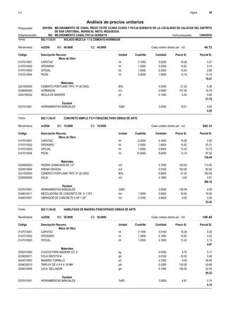 Página :
S10 44
0501064
Presupuesto MEJORAMIENTO DE CANAL RIEGO TAYPE CCARA CCARA Y PATJA QUEBAYA DE LA LOCALIDAD DE CALACOA DEL DISTRITO
DE SAN CRISTOBAL, MARISCAL NIETO, MOQUEGUA
Análisis de precios unitarios
Fecha presupuesto 13/04/2016
002
Subpresupuesto MEJORAMIENTO CANAL PATJA QUEBAYA
Partida 002.11.03.01 SOLADO MEZCLA 1:12 CEMENTO-HORMIGON
m2/DIA 40.0000
Rendimiento Costo unitario directo por : m2 40.72
40.0000
EQ.
MO.
Unidad Cuadrilla Cantidad Precio S/.
Código Descripción Recurso Parcial S/.
Mano de Obra
hh
0147010001 0.1000 0.0200 0.37
18.26
CAPATAZ
hh
0147010002 1.0000 0.2000 3.16
15.82
OPERARIO
hh
0147010003 1.0000 0.2000 2.69
13.43
OFICIAL
hh
0147010004 5.0000 1.0000 12.19
12.19
PEON
18.41
Materiales
BOL
0221000000 0.3000 6.36
21.20
CEMENTO PORTLAND TIPO 1P (42.5KG)
m3
0238000000 0.0940 14.76
157.00
HORMIGON
p2
0243160052 0.1000 0.64
6.40
REGLA DE MADERA
21.76
Equipos
%MO
0337010001 3.0000 0.55
18.41
HERRAMIENTAS MANUALES
0.55
Partida 002.11.04.01 CONCRETO SIMPLE F'C=175KG/CM2 PARA OBRAS DE ARTE
m3/DIA 10.0000
Rendimiento Costo unitario directo por : m3 540.12
10.0000
EQ.
MO.
Unidad Cuadrilla Cantidad Precio S/.
Código Descripción Recurso Parcial S/.
Mano de Obra
hh
0147010001 0.2000 0.1600 2.92
18.26
CAPATAZ
hh
0147010002 2.0000 1.6000 25.31
15.82
OPERARIO
hh
0147010003 1.0000 0.8000 10.74
13.43
OFICIAL
hh
0147010004 10.0000 8.0000 97.52
12.19
PEON
136.49
Materiales
m3
0205000003 0.7000 113.40
162.00
PIEDRA CHANCADA DE 1/2"
m3
0205010004 0.5100 82.62
162.00
ARENA GRUESA
BOL
0221000000 8.6600 183.59
21.20
CEMENTO PORTLAND TIPO 1P (42.5KG)
m3
0239050000 0.1900 0.57
3.00
AGUA
380.18
Equipos
%MO
0337010001 3.0000 4.09
136.49
HERRAMIENTAS MANUALES
hm
0348010011 1.0000 0.8000 16.00
20.00
MEZCLADORA DE CONCRETO DE 9 -11P3
hm
0349070001 0.7000 0.5600 3.36
6.00
VIBRADOR DE CONCRETO 4 HP 1.35"
23.45
Partida 002.11.04.02 HABILITADO DE MADERA P/ENCOFRADO OBRAS DE ARTE
m2/DIA 50.0000
Rendimiento Costo unitario directo por : m2 100.45
50.0000
EQ.
MO.
Unidad Cuadrilla Cantidad Precio S/.
Código Descripción Recurso Parcial S/.
Mano de Obra
hh
0147010001 0.1000 0.0160 0.29
18.26
CAPATAZ
hh
0147010002 1.0000 0.1600 2.53
15.82
OPERARIO
hh
0147010003 1.0000 0.1600 2.15
13.43
OFICIAL
4.97
Materiales
kg
0202010005 0.0300 0.17
5.70
CLAVOS PARA MADERA C/C 3"
gln
0239020071 0.0160 0.48
30.00
COLA SINTETICA
p2
0243010003 4.7500 28.50
6.00
MADERA TORNILLO
pln
0244020010 0.3360 43.68
130.00
TRIPLAY DE 4 X 8 X 19 MM
gln
0254510006 0.1500 22.50
150.00
LACA SELLADOR
95.33
Equipos
%MO
0337010001 3.0000 0.15
4.97
HERRAMIENTAS MANUALES
0.15
 