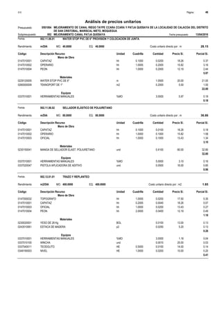 Página :
S10 46
0501064
Presupuesto MEJORAMIENTO DE CANAL RIEGO TAYPE CCARA CCARA Y PATJA QUEBAYA DE LA LOCALIDAD DE CALACOA DEL DISTRITO
DE SAN CRISTOBAL, MARISCAL NIETO, MOQUEGUA
Análisis de precios unitarios
Fecha presupuesto 13/04/2016
002
Subpresupuesto MEJORAMIENTO CANAL PATJA QUEBAYA
Partida 002.11.06.01 WATER STOP PVC DE 6" PROVISION Y COLOCACION DE JUNTA
m/DIA 40.0000
Rendimiento Costo unitario directo por : m 28.15
40.0000
EQ.
MO.
Unidad Cuadrilla Cantidad Precio S/.
Código Descripción Recurso Parcial S/.
Mano de Obra
hh
0147010001 0.1000 0.0200 0.37
18.26
CAPATAZ
hh
0147010002 1.0000 0.2000 3.16
15.82
OPERARIO
hh
0147010004 1.0000 0.2000 2.44
12.19
PEON
5.97
Materiales
m
0229120005 1.0500 21.00
20.00
WATER STOP PVC DE 6"
m2
0260000009 0.2000 1.00
5.00
TEKNOPORT DE 1"
22.00
Equipos
%MO
0337010001 3.0000 0.18
5.97
HERRAMIENTAS MANUALES
0.18
Partida 002.11.06.02 SELLADOR ELÁSTICO DE POLIURETANO
m/DIA 80.0000
Rendimiento Costo unitario directo por : m 36.86
80.0000
EQ.
MO.
Unidad Cuadrilla Cantidad Precio S/.
Código Descripción Recurso Parcial S/.
Mano de Obra
hh
0147010001 0.1000 0.0100 0.18
18.26
CAPATAZ
hh
0147010002 1.0000 0.1000 1.58
15.82
OPERARIO
hh
0147010003 1.0000 0.1000 1.34
13.43
OFICIAL
3.10
Materiales
und
0230150041 0.4100 32.80
80.00
MANGA DE SELLADOR ELAST. POLIURETANO
32.80
Equipos
%MO
0337010001 5.0000 0.16
3.10
HERRAMIENTAS MANUALES
und
0337020047 0.0500 0.80
16.00
PISTOLA APLICADORA DE ADITIVO
0.96
Partida 002.12.01.01 TRAZO Y REPLANTEO
m2/DIA 400.0000
Rendimiento Costo unitario directo por : m2 1.85
400.0000
EQ.
MO.
Unidad Cuadrilla Cantidad Precio S/.
Código Descripción Recurso Parcial S/.
Mano de Obra
hh
0147000032 1.0000 0.0200 0.35
17.50
TOPOGRAFO
hh
0147010001 0.2000 0.0040 0.07
18.26
CAPATAZ
hh
0147010003 1.0000 0.0200 0.27
13.43
OFICIAL
hh
0147010004 2.0000 0.0400 0.49
12.19
PEON
1.18
Materiales
BOL
0230020001 0.0100 0.13
13.00
YESO DE 28 Kg
p2
0243510061 0.0250 0.13
5.20
ESTACA DE MADERA
0.26
Equipos
%MO
0337010001 3.0000 0.04
1.18
HERRAMIENTAS MANUALES
und
0337010100 0.0010 0.03
25.00
WINCHA
HE
0337540011 0.5000 0.0100 0.14
14.00
TEODOLITO
HE
0349190003 1.0000 0.0200 0.20
10.00
NIVEL
0.41
 