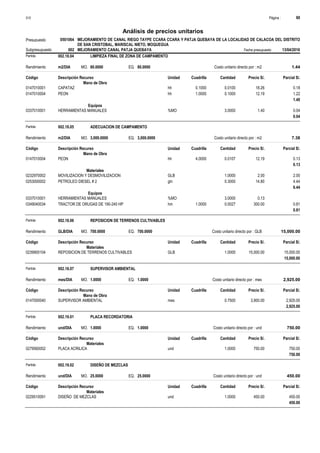 Página :
S10 60
0501064
Presupuesto MEJORAMIENTO DE CANAL RIEGO TAYPE CCARA CCARA Y PATJA QUEBAYA DE LA LOCALIDAD DE CALACOA DEL DISTRITO
DE SAN CRISTOBAL, MARISCAL NIETO, MOQUEGUA
Análisis de precios unitarios
Fecha presupuesto 13/04/2016
002
Subpresupuesto MEJORAMIENTO CANAL PATJA QUEBAYA
Partida 002.18.04 LIMPIEZA FINAL DE ZONA DE CAMPAMENTO
m2/DIA 80.0000
Rendimiento Costo unitario directo por : m2 1.44
80.0000
EQ.
MO.
Unidad Cuadrilla Cantidad Precio S/.
Código Descripción Recurso Parcial S/.
Mano de Obra
hh
0147010001 0.1000 0.0100 0.18
18.26
CAPATAZ
hh
0147010004 1.0000 0.1000 1.22
12.19
PEON
1.40
Equipos
%MO
0337010001 3.0000 0.04
1.40
HERRAMIENTAS MANUALES
0.04
Partida 002.18.05 ADECUACION DE CAMPAMENTO
m2/DIA 3,000.0000
Rendimiento Costo unitario directo por : m2 7.38
3,000.0000
EQ.
MO.
Unidad Cuadrilla Cantidad Precio S/.
Código Descripción Recurso Parcial S/.
Mano de Obra
hh
0147010004 4.0000 0.0107 0.13
12.19
PEON
0.13
Materiales
GLB
0232970002 1.0000 2.00
2.00
MOVILIZACION Y DESMOVILIZACION
gln
0253000002 0.3000 4.44
14.80
PETROLEO DIESEL # 2
6.44
Equipos
%MO
0337010001 3.0000 0.13
HERRAMIENTAS MANUALES
hm
0349040034 1.0000 0.0027 0.81
300.00
TRACTOR DE ORUGAS DE 190-240 HP
0.81
Partida 002.18.06 REPOSICION DE TERRENOS CULTIVABLES
GLB/DIA 700.0000
Rendimiento Costo unitario directo por : GLB 15,000.00
700.0000
EQ.
MO.
Unidad Cuadrilla Cantidad Precio S/.
Código Descripción Recurso Parcial S/.
Materiales
GLB
0239900104 1.0000 15,000.00
15,000.00
REPOSICION DE TERRENOS CULTIVABLES
15,000.00
Partida 002.18.07 SUPERVISOR AMBIENTAL
mes/DIA 1.0000
Rendimiento Costo unitario directo por : mes 2,925.00
1.0000
EQ.
MO.
Unidad Cuadrilla Cantidad Precio S/.
Código Descripción Recurso Parcial S/.
Mano de Obra
mes
0147000040 0.7500 2,925.00
3,900.00
SUPERVISOR AMBIENTAL
2,925.00
Partida 002.19.01 PLACA RECORDATORIA
und/DIA 1.0000
Rendimiento Costo unitario directo por : und 750.00
1.0000
EQ.
MO.
Unidad Cuadrilla Cantidad Precio S/.
Código Descripción Recurso Parcial S/.
Materiales
und
0279560002 1.0000 750.00
750.00
PLACA ACRILICA
750.00
Partida 002.19.02 DISEÑO DE MEZCLAS
und/DIA 25.0000
Rendimiento Costo unitario directo por : und 450.00
25.0000
EQ.
MO.
Unidad Cuadrilla Cantidad Precio S/.
Código Descripción Recurso Parcial S/.
Materiales
und
0229510091 1.0000 450.00
450.00
DISEÑO DE MEZCLAS
450.00
 