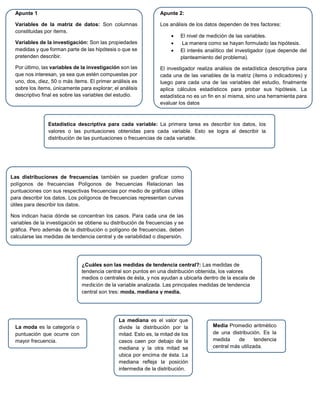 Apunte 1
Variables de la matriz de datos: Son columnas
constituidas por ítems.
Variables de la investigación: Son las propiedades
medidas y que forman parte de las hipótesis o que se
pretenden describir.
Por último, las variables de la investigación son las
que nos interesan, ya sea que estén compuestas por
uno, dos, diez, 50 o más ítems. El primer análisis es
sobre los ítems, únicamente para explorar; el análisis
descriptivo final es sobre las variables del estudio.
Apunte 2:
Los análisis de los datos dependen de tres factores:
 El nivel de medición de las variables.
 La manera como se hayan formulado las hipótesis.
 El interés analítico del investigador (que depende del
planteamiento del problema).
El investigador realiza análisis de estadística descriptiva para
cada una de las variables de la matriz (ítems o indicadores) y
luego para cada una de las variables del estudio, finalmente
aplica cálculos estadísticos para probar sus hipótesis. La
estadística no es un fin en sí misma, sino una herramienta para
evaluar los datos
Estadística descriptiva para cada variable: La primera tarea es describir los datos, los
valores o las puntuaciones obtenidas para cada variable. Esto se logra al describir la
distribución de las puntuaciones o frecuencias de cada variable.
Las distribuciones de frecuencias también se pueden graficar como
polígonos de frecuencias Polígonos de frecuencias Relacionan las
puntuaciones con sus respectivas frecuencias por medio de gráficas útiles
para describir los datos. Los polígonos de frecuencias representan curvas
útiles para describir los datos.
Nos indican hacia dónde se concentran los casos. Para cada una de las
variables de la investigación se obtiene su distribución de frecuencias y se
gráfica. Pero además de la distribución o polígono de frecuencias, deben
calcularse las medidas de tendencia central y de variabilidad o dispersión.
¿Cuáles son las medidas de tendencia central?: Las medidas de
tendencia central son puntos en una distribución obtenida, los valores
medios o centrales de ésta, y nos ayudan a ubicarla dentro de la escala de
medición de la variable analizada. Las principales medidas de tendencia
central son tres: moda, mediana y media.
La moda es la categoría o
puntuación que ocurre con
mayor frecuencia.
La mediana es el valor que
divide la distribución por la
mitad. Esto es, la mitad de los
casos caen por debajo de la
mediana y la otra mitad se
ubica por encima de ésta. La
mediana refleja la posición
intermedia de la distribución.
Media Promedio aritmético
de una distribución. Es la
medida de tendencia
central más utilizada.
 