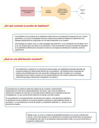 ¿En qué consiste la prueba de hipótesis?
Una hipótesis en el contexto de la estadística inferencial es una proposición respecto de uno o varios
parámetros, y lo que el investigador hace por medio de la prueba de hipótesis es determinar si la
hipótesis poblacional es congruente con los datos obtenidos en la muestra.
Una hipótesis se retiene como un valor aceptable del parámetro, si es consistente con los datos. Si no
lo es, se rechaza (pero los datos no se descartan). Para comprender lo que es la prueba de hipótesis
en la estadística inferencial es necesario revisar los conceptos de distribución muestral y nivel de
significancia
¿Qué es una distribución muestral?
Una distribución muestral es un conjunto de valores sobre una estadística calculada de todas las
muestras posibles de determinado tamaño de una población. Las distribuciones muestrales de
medias son probablemente las más conocidas. Expliquemos este concepto con un ejemplo.
Supongamos que nuestro universo son los automovilistas de una ciudad y deseamos averiguar
cuánto tiempo pasan diariamente manejando (“al volante”)
Si calculáramos la media de todas las medias de las muestras, prácticamente
obtendríamos el valor de la media poblacional. De hecho, casi nunca se obtiene la
distribución muestral. Es más bien un concepto teórico definido por la estadística para los
investigadores. Lo que comúnmente hacemos es extraer una sola muestra.
Si una población (no necesariamente normal) tiene de media m y de desviación estándar s,
la distribución de las medias en el muestreo aleatorio realizado en esta población tiende, al
aumentar n, a una distribución normal de media m y desviación estándar s n , donde n es el
tamaño de muestra.
Debido a ello, se creó un modelo de probabilidad llamado curva normal o distribución
normal. Como todo modelo es una distribución conceptual que difícilmente se presenta en
la realidad tal cual, pero sí se presentan aproximaciones a éste. La curva normal tiene la
siguiente configuración
 