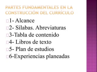1- Alcance 
2- Sílabas. Abreviaturas 
3-Tabla de contenido 
4- Libros de texto 
5- Plan de estudios 
6-Experiencias planeadas 
 