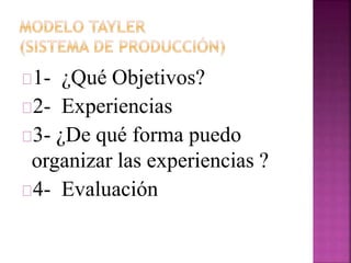 1- ¿Qué Objetivos? 
2- Experiencias 
3- ¿De qué forma puedo 
organizar las experiencias ? 
4- Evaluación 
 