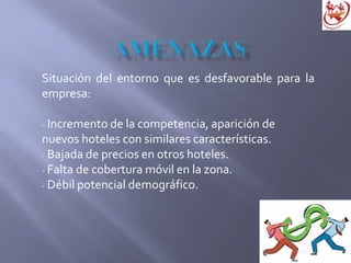 Situación del entorno que es desfavorable para la
empresa:
- Incremento de la competencia, aparición de
nuevos hoteles con similares características.
- Bajada de precios en otros hoteles.
- Falta de cobertura móvil en la zona.
- Débil potencial demográfico.
 