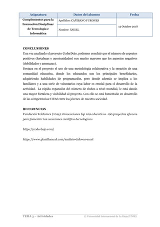 Asignatura Datos del alumno Fecha
Complementos para la
Formación Disciplinar
de Tecnología e
Informática
Apellidos: CAÑIBANO FURONES
13 Octubre 2018
Nombre: ÁNGEL
TEMA 3 – Actividades © Universidad Internacional de La Rioja (UNIR)
CONCLUSIONES
Una vez analizado el proyecto CoderDojo, podemos concluir que el número de aspectos
positivos (fortalezas y oportunidades) son mucho mayores que los aspectos negativos
(debilidades y amenazas).
Destaca en el proyecto el uso de una metodología colaborativa y la creación de una
comunidad educativa, donde los educandos son los principales beneficiarios,
adquiriendo habilidades de programación, pero donde además se implica a los
familiares y a una serie de voluntarios cuya labor es crucial para el desarrollo de la
actividad. La rápida expansión del número de clubes a nivel mundial, le está dando
una mayor fortaleza y visibilidad al proyecto. Con ello se está fomentado en desarrollo
de las competencias STEM entre los jóvenes de nuestra sociedad.
REFERENCIAS
Fundación Telefónica (2014). Innovaciones top 100 educativas. 100 proyectos eficaces
para fomentar las vocaciones científico-tecnológicas.
https://coderdojo.com/
https://www.planillaexcel.com/analisis-dafo-en-excel
 