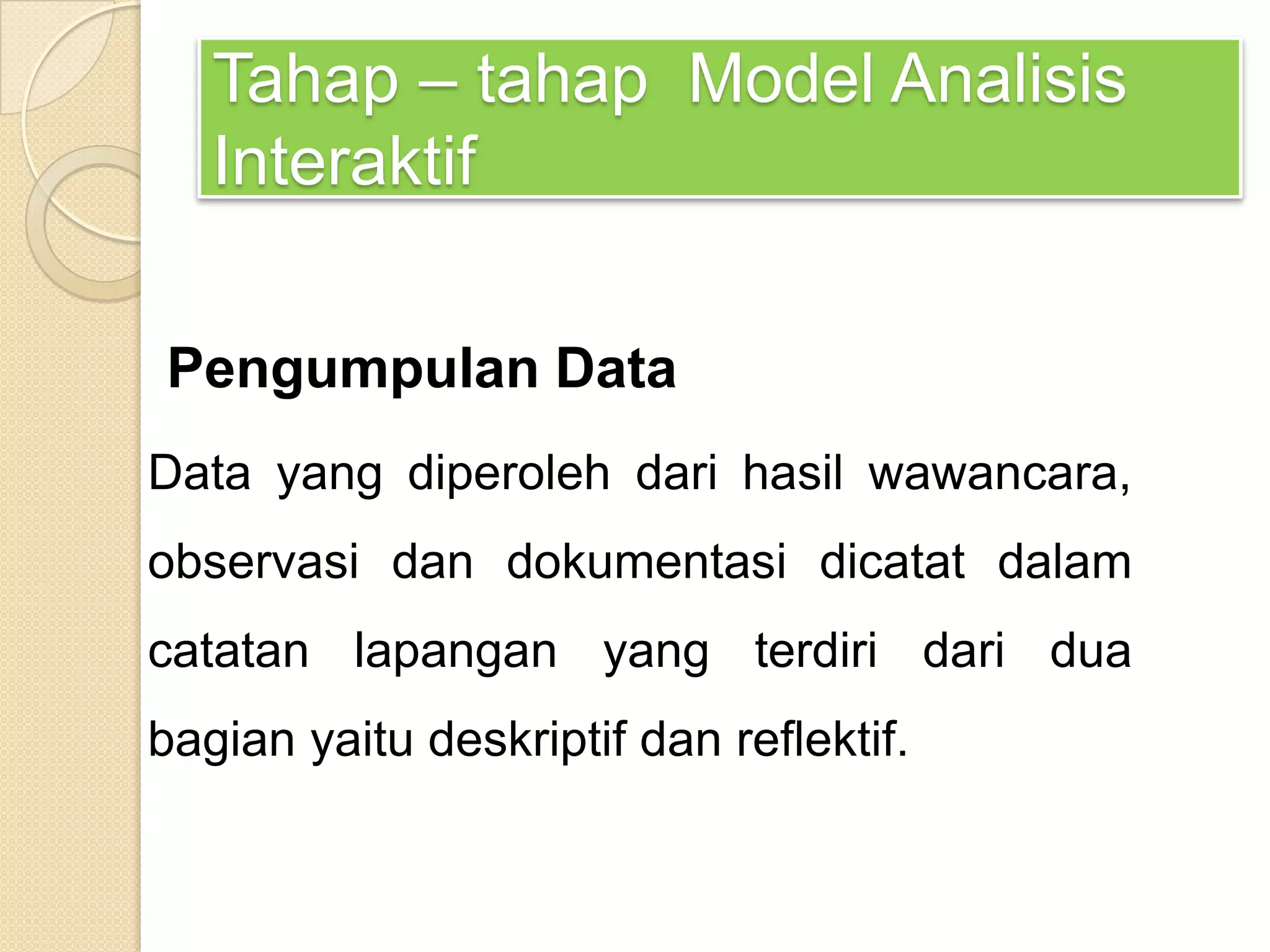 Tahap – tahap Model Analisis
Interaktif
Pengumpulan Data
Data yang diperoleh dari hasil wawancara,
observasi dan dokumentasi dicatat dalam
catatan lapangan yang terdiri dari dua
bagian yaitu deskriptif dan reflektif.
 