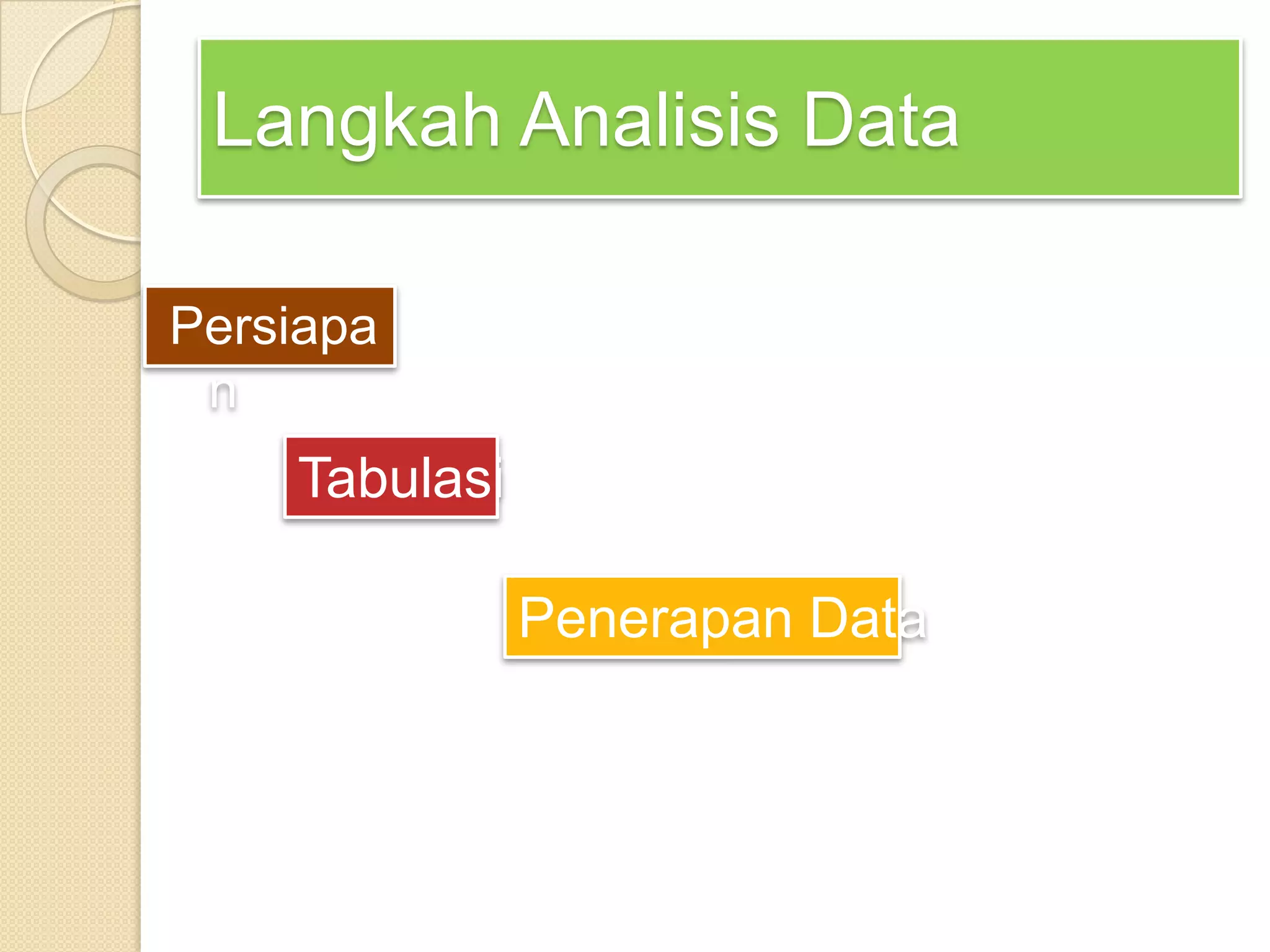 Langkah Analisis Data
Persiapa
n
Tabulasi
Penerapan Data
 