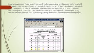 Perwakilan secara visual seperti carta alir dalam peringkat analisis data-data kualitatif
adalah sangat berguna kepada penyelidik terutamanya dalam membantu penyelidik
melihat hubungan (Links), membuat laporan dan membentangkan hasil dapatan
sesuatu kajian. Contohnya keputusan markah ujian pencapaian pra dan pos yang
dihasilkan oleh perisian SPSS boleh dirujuk bagi membuat perkaitan dan sebagainya.
 