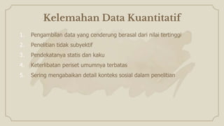 Kelemahan Data Kuantitatif
1. Pengambilan data yang cenderung berasal dari nilai tertinggi
2. Penelitian tidak subyektif
3. Pendekatanya statis dan kaku
4. Keterlibatan periset umumnya terbatas
5. Sering mengabaikan detail konteks sosial dalam penelitian
 