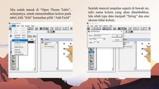 Jika sudah masuk di “Open Theme Table”,
selanjutnya, untuk menambahkan kolom pada
tabel, klik “Edit” kemudian pilih “Add Field”
Setelah muncul tampilan seperti di bawah ini,
tulis nama kolom yang akan ditambahkan,
lalu ubah type data menjadi “String” dan atur
ukuran lebar kolom.
 